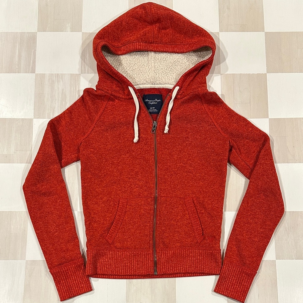 american eagle y2k red orange zip up fitted fleece hoodie jacket